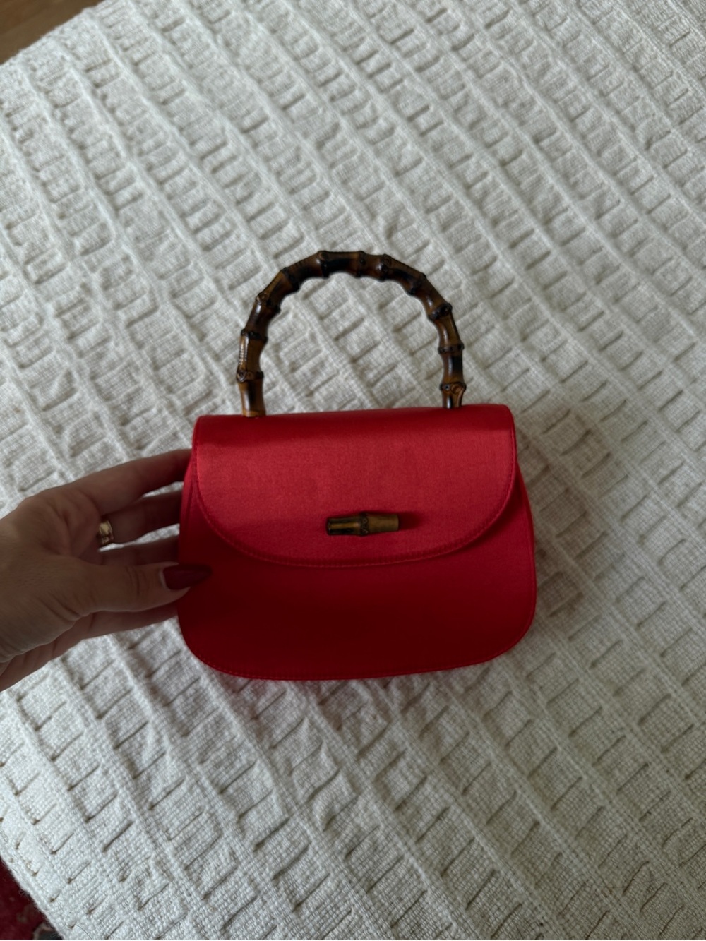 Gucci Red Satin Mini Top-Handle Bag with Bamboo Handle
